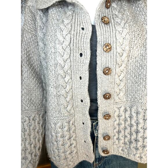 Cladyknit Irish Merino New Wool Cable Knit Cardigan Fisherman Sweater Collar Med - Picture 3 of 13